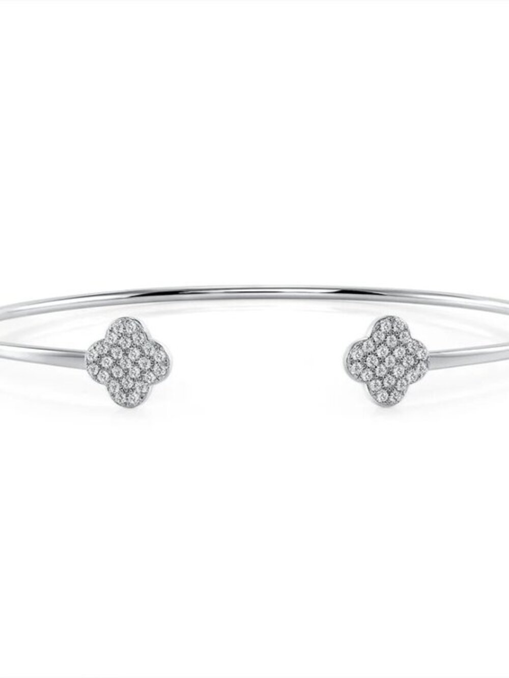 New Silver 925 Rhodium Plated Clear Cubic Zirconia Flower Cuff Clover Bangle